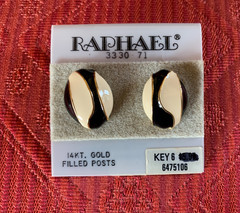 Vintage Raphael Black/White/Gold tone Enamel Pierced Earrings 14 kt Posts
