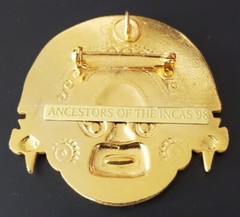 VINTAGE 18KT GOLD PLATED ENAMELED PERUVIAN INCA WARRIOR IMAGE PENDANT BROOCH