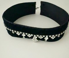Handmade Victorian Black Velvet Trim + Rhinestone Choker – 14.5 in