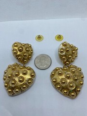 Vintage Gilt Resin Heart Dangle Pierced Earrings Gold Ball Studded 3″ Long Drop