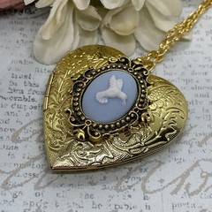 Gold Heart Locket Photo Birthday Anniversary Wedding Hummingbird Blue Necklace