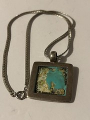 Vintage Simulated Turquoise Pendant 925 & Sterling Chain Necklace 18”L 26 Grams
