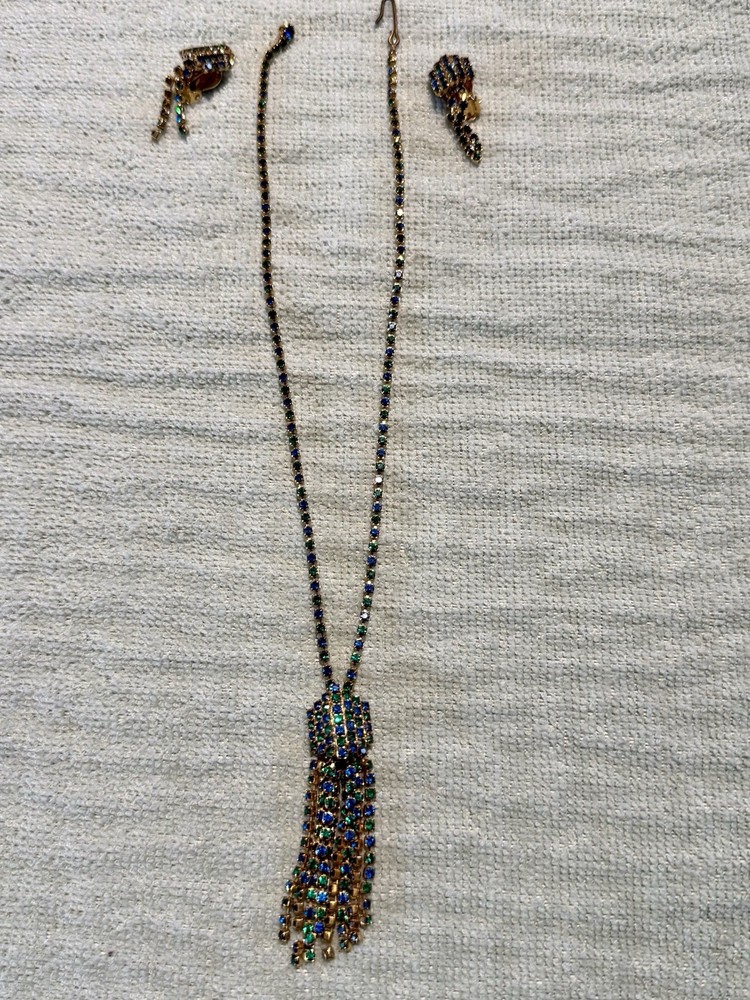 Vintage 1950’s Costume necklace And clip on earring Set Gold color Blue Green