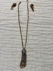 Vintage 1950’s Costume necklace And clip on earring Set Gold color Blue Green