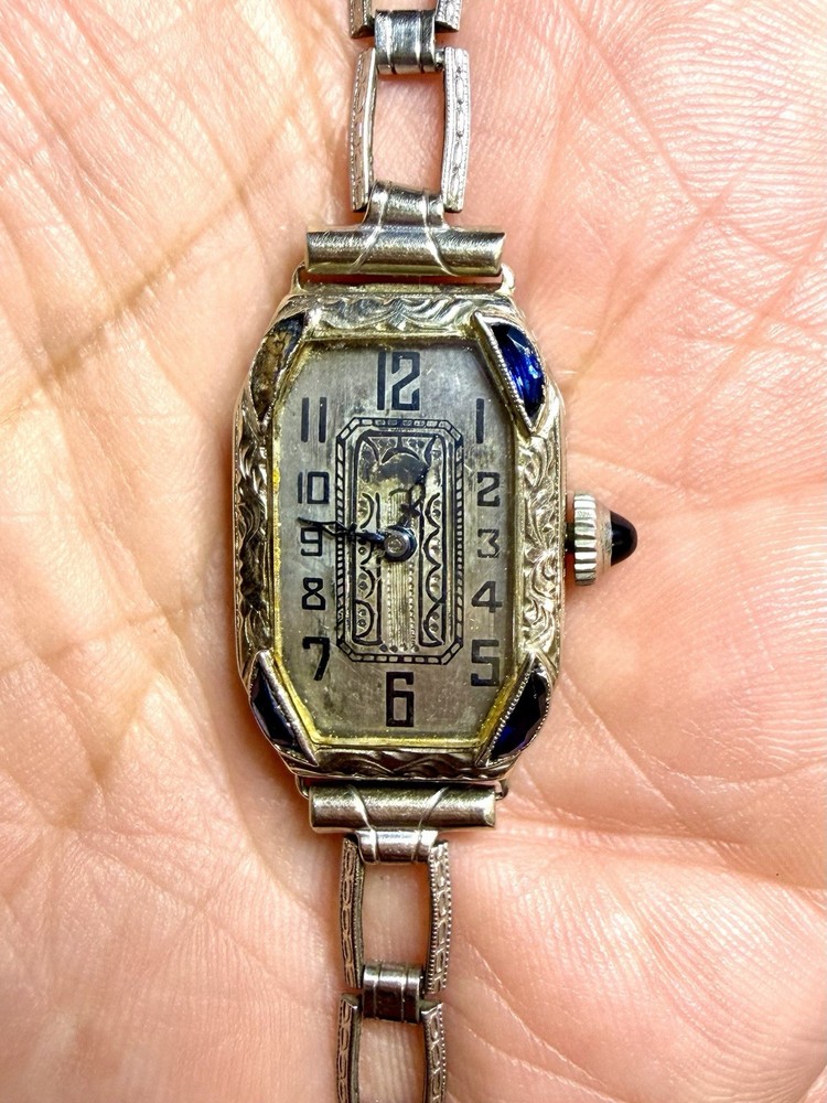 1920’s LADY IOCO 14K WHITE GOLD & SAPPHIRE WATCH W/ ORIGINAL 1/20 GF BAND -RARE!
