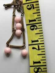Vintage Multi 3 Strand Pink Beaded Necklace Antique Gold Tone Etched Bar Link