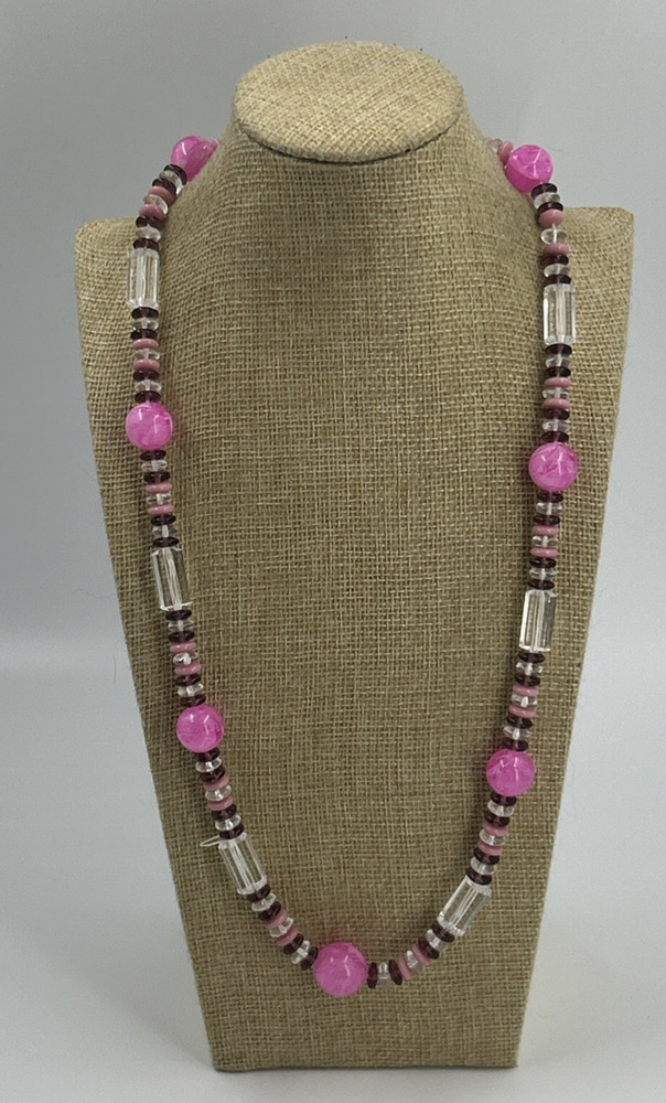 Vintage Art Deco Style Pink Purple Clear Plastic Bead Necklace 25 Inch