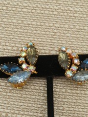 Vintage Blue Gray Rhinestone AB Accent Clip On Earrings