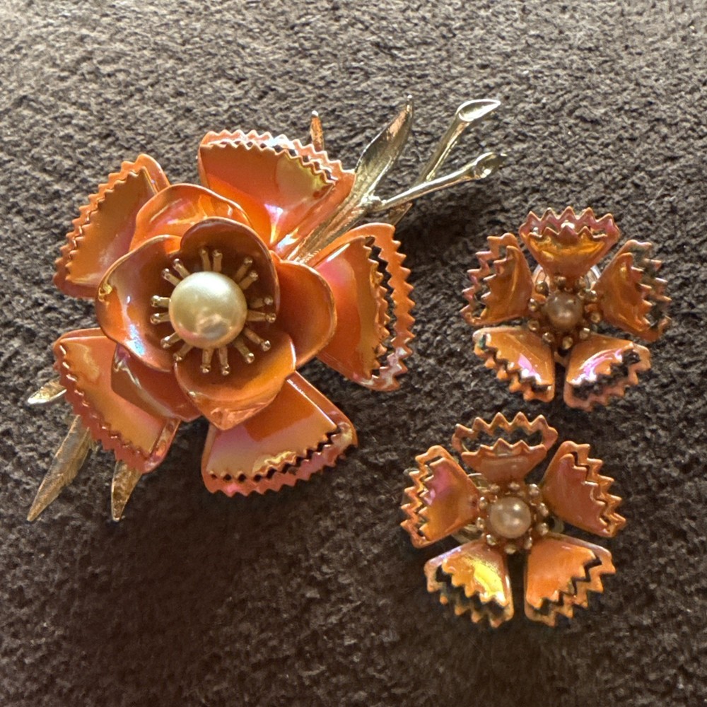 Enamel Orange Floral Brooch Pin And Matching Clip On Earrings