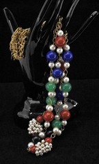 Vintage GEOFFREY BEENE Kramer Long Gold Tone Chain w Red Blue Green Pearl Beads
