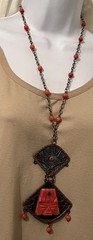 Vtg Mixed Metal Brutalist Onyx Aztec Mayan Signed Casa Luna Pendant Necklace