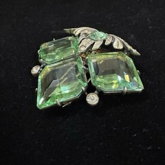 VTG Eisenberg Original Sterling Vermeil Fur Clip Uranium Glass Green Stones