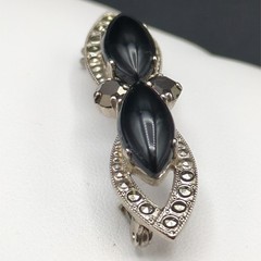 Vintage Brooch Pin Western Germany Black Glass Faux Marcasite Silver Tone Gothic