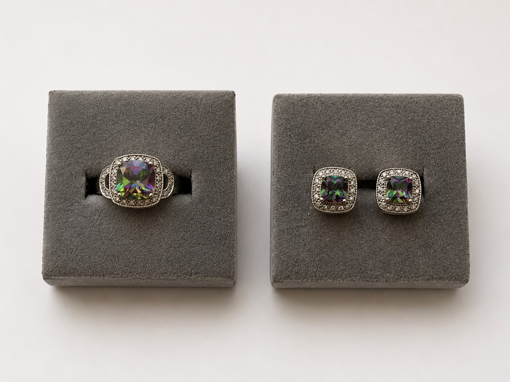 Sterling Silver Fire Topaz Gemstone Ring Size 8 Cushion Cut & Earrings 925 Avon