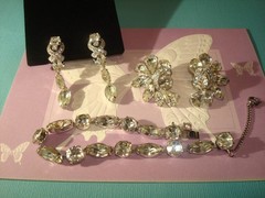 Vtg. EISENBERG BRACELET&TWO PAIRS EARRINGS CLEAR RHINESTONES ALL SIGNED,LOT/SET