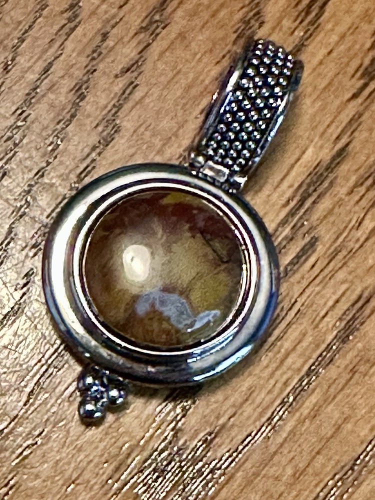 Vintage Round Silver Tone Caramel Brown Swirled Cabochon Pendant 1 3/4”