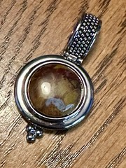 Vintage Round Silver Tone Caramel Brown Swirled Cabochon Pendant 1 3/4”