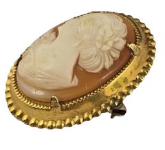 Vintage Gold Filled Shell Cameo Brooch – Carved Lady Portrait Pin