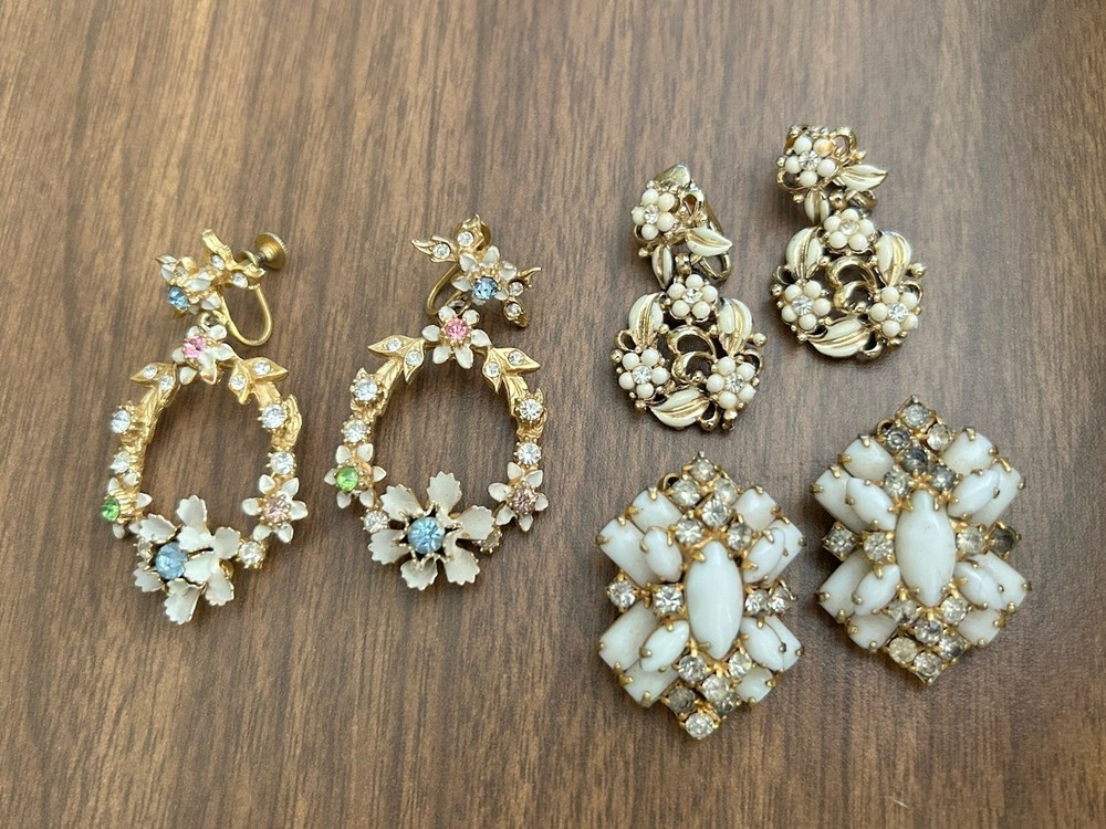 Lot of 3 Vintage Rhinestone Earrings Estate Find Coro & More