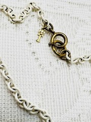 Vintage 1960s Crown Trifari Gold Tone White Enamel Large Pendant 28 In Necklace