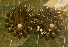 VTG LaVINTAGE bronze tone FAUX TURQUOISE purple RHINESTONE Clip Earrings