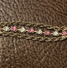 Vintage Pink & Clear Rhinestone Tennis Bracelet Gold Tone 3 Strand 7″ L