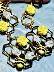Gold Tone Enamel Bumble Bee & Honey Comb Yellow Flower Necklace, Signed Talbots
