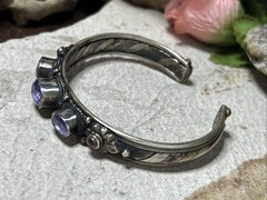 53. Vintage Nepal Mix Metal Triple Amethyst Garnet Cuff Bracelet 7″, 37g