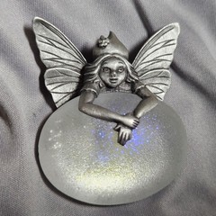 VTG JJ JONETTE Pewter Pin Brooch Winged Fairy Purple Sparkles Crystal Ball 1.75″