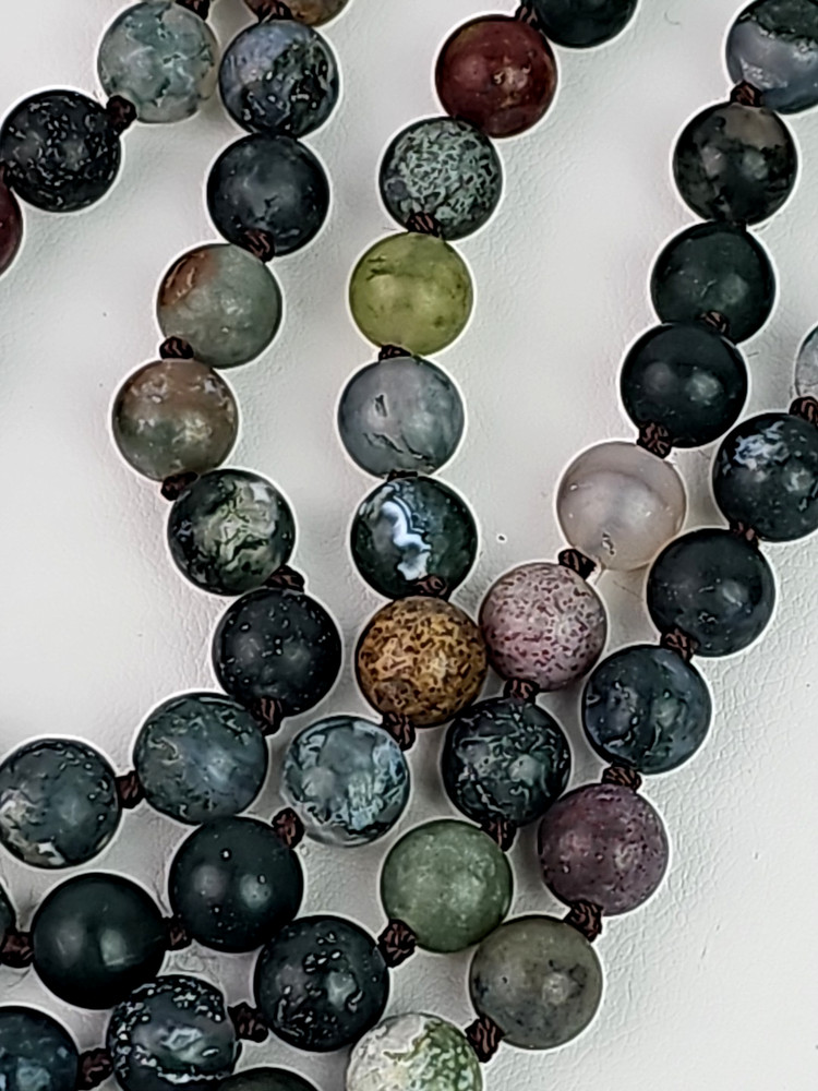 Vintage Frosted Indian Agate Necklace 56 in Matte Green Stone Beads Long Strand
