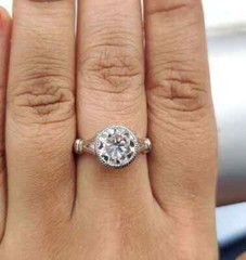 Art Deco Style Round Lab Created Diamond Engagement Bezel Ring 14K White Gold FN