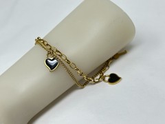 Gold Stainless Steel Key and Black Enamel Heart Charm Chain 7.5-9.5″ Bracelet