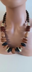 Chunky Fashion Jewelry gold coated spacers Brown Beaded wooden necklace 11″ long