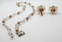 Vintage gold tone clear AB faceted crystal necklace and clip on earrings set