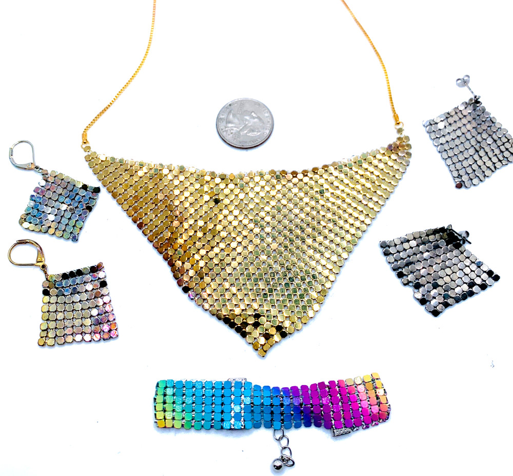 Lot Vtg Mesh Kerchief Necklace Bracelet Earrings Metal Disco 1970s 1980s 1990s