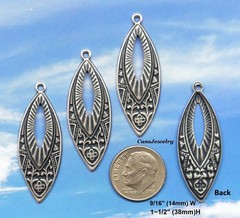 #0036 ANTIQUED STERLING SILVER PLATED OPEN FILIGREE DROP W/TOP HANG RING – 6 Pcs
