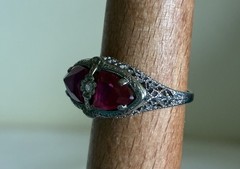 Antique Art Deco 14K ADR White Gold Synthetic Ruby Filigree Marquise Ring Sz 6.5