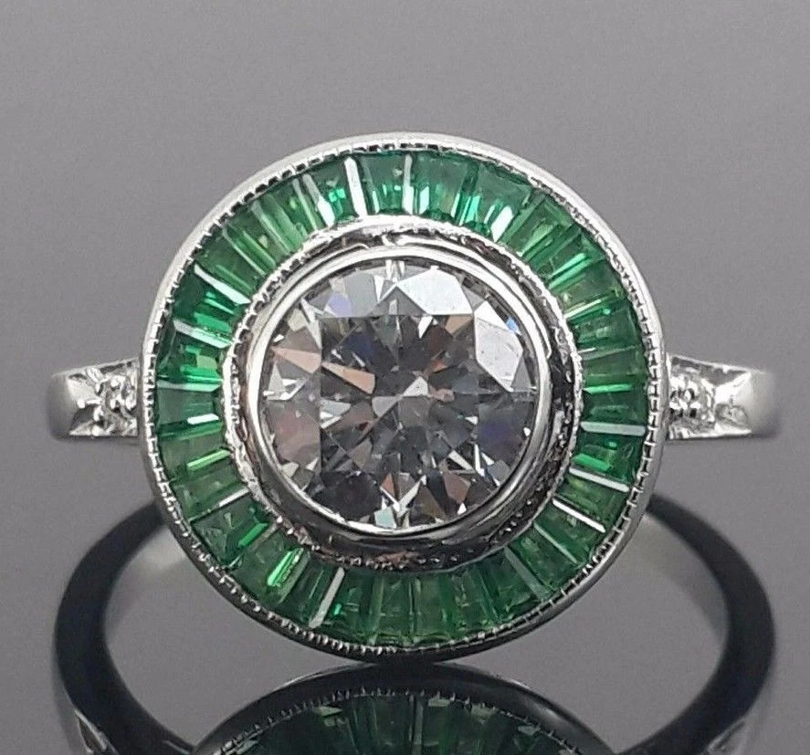 925 Sterling Silver Celebrity Inspired Green Baguette Round Halo Engagement Ring