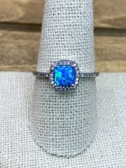 Vintage Blue Opal & CZ Sterling Silver Halo Ring Sz. 9.75