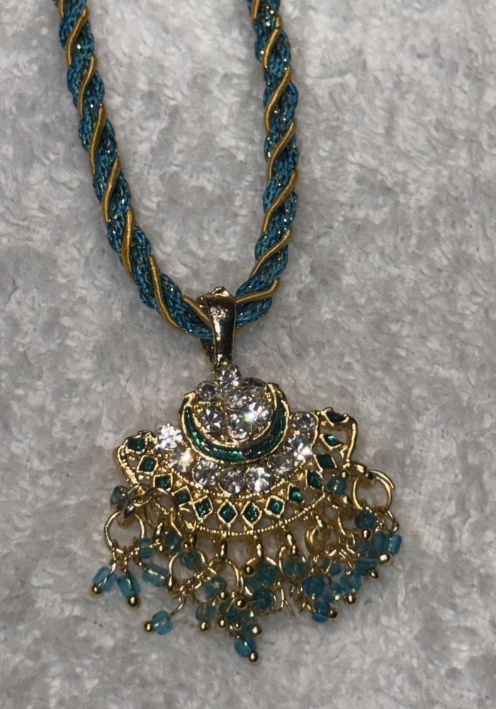 Vintage Indian Style, Gold, Toned Pendant necklace, Twisted Teal Silk Dori Cord