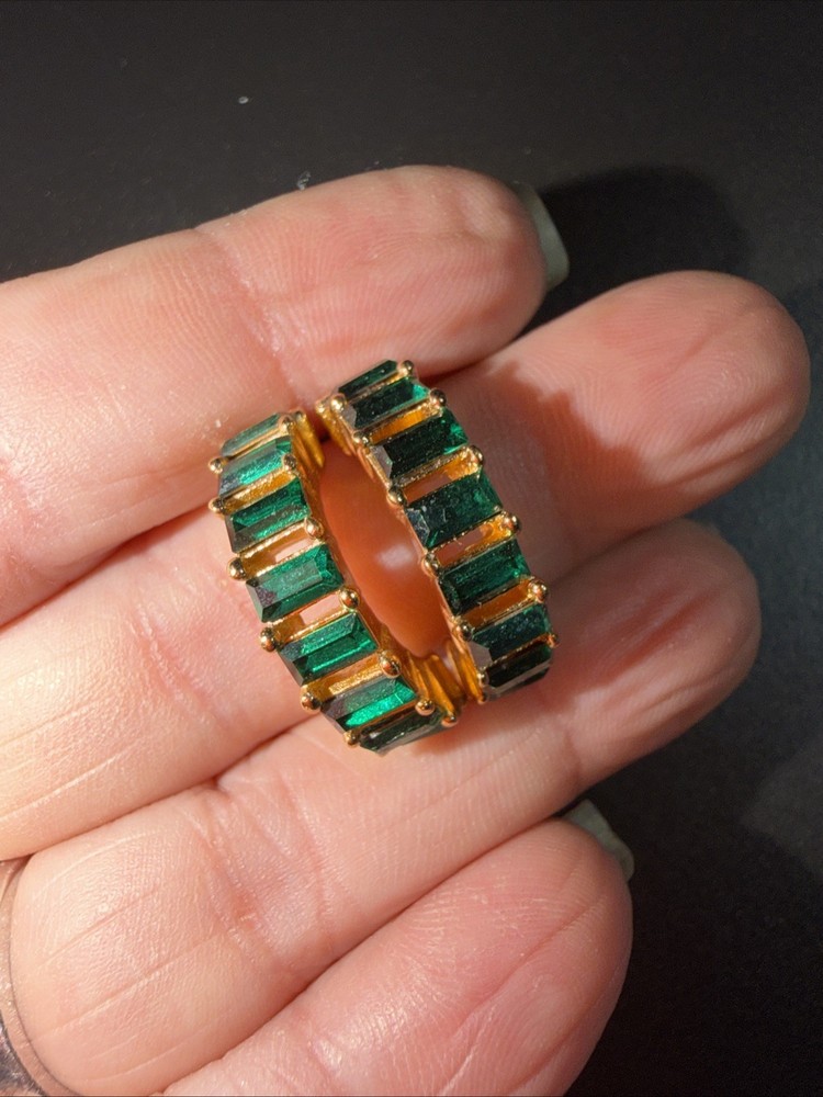 Dior Emerald Green Baguette Half Hoop Pierced Earrings Gold Tone