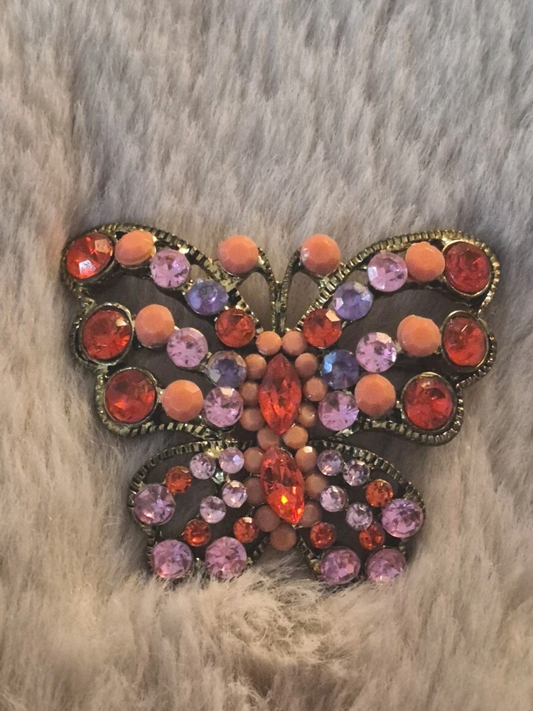 Vintage Gold Toned Butterfly Brooch With Pink, Orange And Red Crystals And…