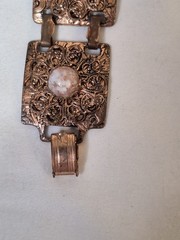 Copper Glitter Confetti Cream Lucite Acrylic Metal Link Panel Bracelet Vintage