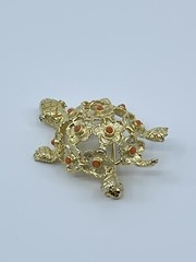 Vintage Brooch Pin De Nicola turtle faux coral and green rhinestone 1-3/4″