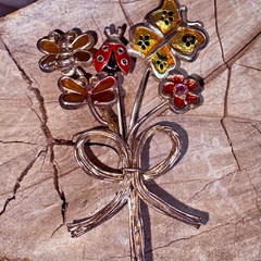 Vintage KC Signed Silver Tone Flowers Butterfly Bee Ladybug Brooch Pin