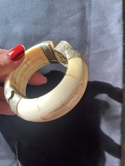 Vintage Buffalo Bone Bangle with Smoky Quartz or Topaz & Embossed Silver