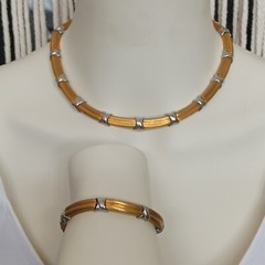 Vintage Bicolor Set Collar Bracelet Heavy Deco X-Design Link Classic Timeless