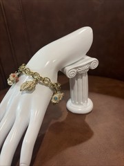 Vintage Charm Bracelet Shells fish Faux Pearl Coral Turquoise Gold Tone Sea