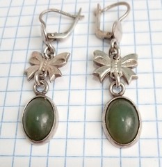 Vintage Earrings natural Nephrite stones Sterling Silver 925 star USSR Jewelry