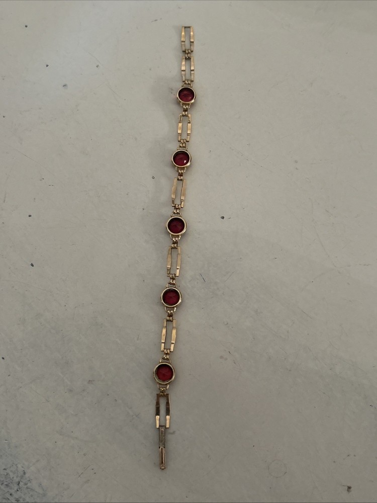 VTG Simmons Art Deco Bracelet Red Faceted Glass 10k Gold Filled Links Signed
